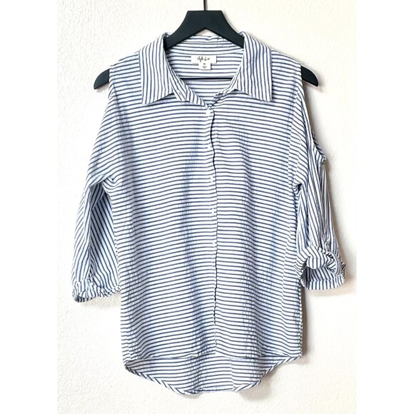 Style & Co Button Down Cold Shoulder Sleeve Seersucker Collared Blouse Size M - Picture 1 of 9